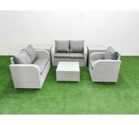 Fimous High Back Rattan Garden Furniture Set with Reclining Chair Loveseat Sofa Square Coffee Table Indoor Outdoor Patio Set 2 Side Table Light Grey