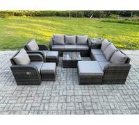 Fimous High Back Rattan Garden Furniture Set with Square Coffee Table 3 Footstools Side Table Indoor Outdoor Patio Lounge Sofa Set Dark Grey Mixed