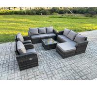 Fimous High Back Rattan Garden Furniture Set with Square Coffee Table Big Footstool Indoor Outdoor Patio Lounge Sofa Set Dark Grey Mixed