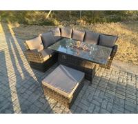 Fimous High Back Rattan Garden Furniture Sets Gas Fire Pit Dining Table Left Corner Sofa Big Footstools 7 Seater in Dark Grey Fimous Dark Grey