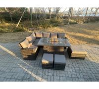 Fimous High Back Rattan Garden Furniture Sets Gas Fire Pit Dining Table Left Corner Sofa Small Footstools Chair 9 Seater in Dark Grey Fimous Dark Grey