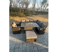 Fimous High Back Rattan Garden Furniture Sets Gas Fire Pit Dining Table Right Corner Sofa Big Footstools Chair 8 Seater in Dark Grey Fimous Dark Grey
