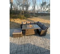 Fimous High Back Rattan Garden Furniture Sets Gas Fire Pit Dining Table Right Corner Sofa Big Footstools 7 Seater in Dark Grey Fimous Dark Grey