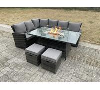 Fimous High Back Rattan Garden Furniture Sets Gas Fire Pit Dining Table Set Gas Heater Left Corner Sofa Small Footstools 8 Seater
