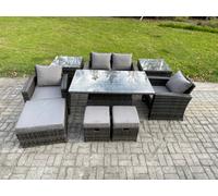 Fimous High Back Rattan Garden Furniture Sofa Sets With Height Adjustable Rising Lifting Table 2 Side Tables 3 Footstools