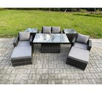 Fimous High Back Rattan Garden Furniture Sofa Sets With Height Adjustable Rising Lifting Table 2 Side Tables 2 Big Footstool