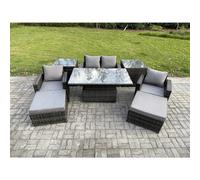 Fimous High Back Rattan Garden Furniture Sofa Sets With Height Adjustable Rising Lifting Table 2 Side Tables 2 Big Footstool