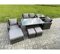 Fimous High Back Rattan Garden Furniture Sofa Sets with Height Adjustable Rising Lifting Table Side Table 3 Footstools Dark Grey Mixed
