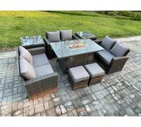 High Back Rattan Garden Furniture Sofa Sets with Outdoor Furniture Gas Firepit Dining Table Set 2 Small Footstool Fimous Dark Grey One Size