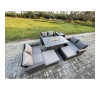 Fimous High Back Rattan Garden Furniture Sofa Sets with Outdoor Furniture Gas Firepit Dining Table Set 2 Big Footstool in Dark Grey Fimous Dark Grey