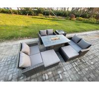 Fimous High Back Rattan Garden Furniture Sofa Sets with Outdoor Furniture Gas Firepit Dining Table Set 2 Big Footstool Side Table Dark Grey Mixed