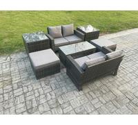 Fimous High Back Rattan Garden Furniture Sofa Sets with Rectangular Coffee Table 2 Side Tables 2 Big Footstool Dark Grey Mixed