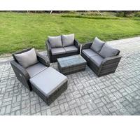 Fimous High Back Rattan Garden Lounge Set - Dark Grey Mixed Indoor/Outdoor Patio Sofa with Loveseat, Rectangular Coffee Table & Big Footstool