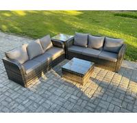 Fimous Indoor Outdoor Rattan Garden Furniture 6 Seater Set Table Sofa Chair Patio Conservatory with Grey Cushions Side Table