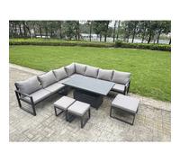 Fimous L-shaped Garden Furniture Set 10-Seater Aluminium Outdoor Dining Set with Adjustable Rising Lifting Dining Table 3 Footstools Dark Grey