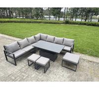 Fimous L-Shaped Garden Furniture Set 10-Seater Aluminium With Adjustable Rising Lifting Dining Table 3 Footstools Dark Grey