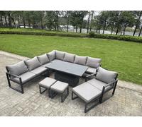 Fimous L-Shaped Garden Furniture Set 11-Seater Aluminium With Adjustable Rising Lifting Dining Table 3 Footstools Chair Dark Grey