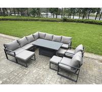 Fimous L-Shaped Garden Furniture Set 12-Seater Aluminium With Adjustable Rising Lifting Dining Table 3 Footstools 2 Chairs