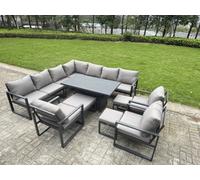 Fimous L-Shaped Garden Furniture Set 13-Seater Aluminium With Adjustable Rising Lifting Dining Table 3 Footstools 3 Chairs