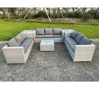 Fimous Light Grey Lounge Outdoor Pe Rattan Garden Furniture Set Wicker Sofa Set Square Coffee Table 2 Side Table 9 Seat
