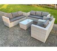 Outdoor PE Rattan Garden Furniture Set Wicker Sofa Set Oblong Coffee Table 2 Armchair Fimous Light Grey One Size