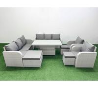 Fimous Light Grey PE Rattan High Back Lounge Set - Adjustable Lifting Dining/Coffee Table, 3-Seater Sofa, Reclining Chair & 3 Stools