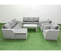 Fimous Light Grey PE Rattan High Back Lounge Set - Oblong Coffee Table, 3-Seater Sofa, Reclining Chair & Big Footstool