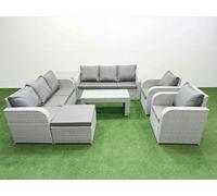 Fimous Light Grey PE Rattan High Back Lounge Set - Oblong Coffee Table, 3-Seater Sofa, Reclining Chair & Footstool