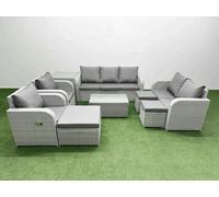 Fimous Light Grey PE Rattan Outdoor Lounge Set - Adjustable Chair, Double Loveseat, Oblong Coffee Table, 3 Stools & Side Table