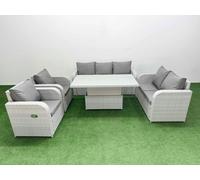 Fimous Light Grey PE Rattan Outdoor Lounge Set - Reclining Chair, Double Loveseat & Adjustable Lifting Dining/Coffee Table
