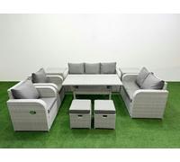 Fimous Light Grey PE Rattan Outdoor Lounge Set - Reclining Chair, Double Loveseat, Rectangular Dining Table, 2 Stools & 2 Side Tables