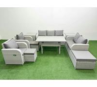 Fimous Light Grey PE Rattan Outdoor Lounge Set - Reclining Chair, Double Loveseat, Rectangular Dining Table, 3 Stools & 2 Side Tables