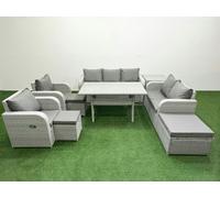 Fimous Light Grey PE Rattan Outdoor Lounge Set - Reclining Chair, Double Loveseat, Rectangular Dining Table, 3 Stools & Side Table