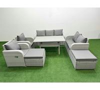 Fimous Light Grey PE Rattan Outdoor Lounge Set - Reclining Chair, Double Loveseat, Rectangular Dining Table & 2 Big Footstools