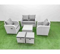 Fimous Light Grey PE Wicker Rattan Garden Furniture Set Sofa Set Reclining Adjustable Chair Square Coffee Table 6 Seater 2 Small Stools Fimous Light Grey