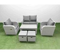 Fimous Light Grey Pe Wicker Rattan Garden Furniture Set Reclining Adjustable Chair Oblong Coffee Table 6 Seater 2 Small Stools