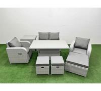 Fimous Light Grey PE Wicker Rattan Garden Furniture SetAdjustable Lifting Dining or Coffee Table 7 Seater 3 Stools Side Table