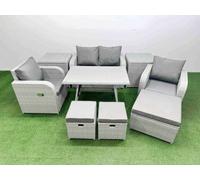 Fimous Light Grey Pe Wicker Rattan Garden Furniture Set Sofa Set 3 Stools 2 Side Tables