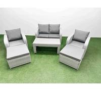 Fimous Light Grey PE Wicker Rattan Garden Furniture Set Sofa Set Reclining Adjustable Chair 6 Seater 2 Big Stools
