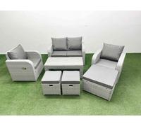 Fimous Light Grey PE Wicker Rattan Garden Furniture Set Sofa Set Reclining Adjustable Chair Oblong Coffee Table 7 Seater 3 Stools