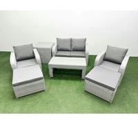 Fimous Light Grey PE Wicker Rattan Garden Furniture Set Sofa Set Reclining Adjustable Chair 6 Seater 2 Big Stools Side Table