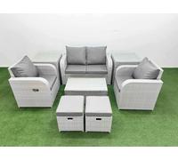 Fimous 6-Seater Light Grey PE Rattan Sofa Set | Outdoor/Indoor Reclining Chair, Rectangular Coffee Table, 2 Footstools, 2 Side Tables