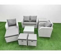 Fimous Light Grey PE Wicker Rattan Garden Furniture Set Sofa Set Reclining Adjustable Chair Square Coffee Table 7 Seater 3 Stools Side Table Fimous Light Grey