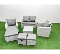 Light Grey PE Wicker Rattan Garden Furniture Set Sofa Set Reclining Adjustable Chair Square Coffee Table 7 Seater 3 Stools Fimous Light Grey One Size