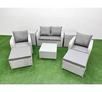 Fimous Light Grey PE Wicker Rattan Garden Furniture Set Sofa Set Reclining Adjustable Chair Square Coffee Table 6 Seater 2 Big Stools 2 Side Table Fimous Light Grey
