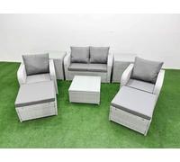 Fimous Light Grey PE Wicker Rattan Garden Furniture Set Sofa Set Reclining Adjustable Chair 6 Seater 2 Big Stools 2 Side Table
