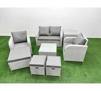 Fimous Light Grey PE Wicker Rattan Garden Furniture Set Sofa Set Reclining Adjustable Chair Square Coffee Table 7 Seater 3 Stools Side Table Fimous Light Grey