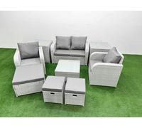 Fimous Light Grey PE Wicker Rattan Garden Furniture Set Sofa Set Reclining Adjustable Chair Square Coffee Table 7 Seater 3 Stools 3 Side Table