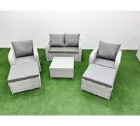 Fimous Light Grey PE Wicker Rattan Garden Furniture Set Sofa Set Reclining Adjustable Chair Square Coffee Table 6 Seater 2 Big Stools Fimous Light Grey