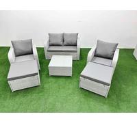 Fimous Light Grey PE Wicker Rattan Garden Furniture Set Sofa Set Reclining Adjustable Chair Square Coffee Table 6 Seater 2 Big Stools Fimous Light Grey